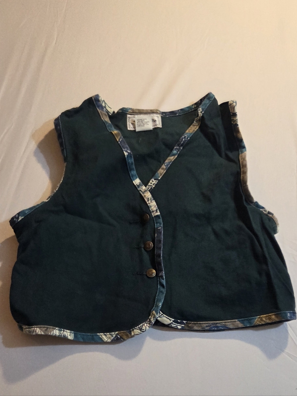 Women's Dark Teal Green Button-Front Vest with Patterned Trim EUC Size L